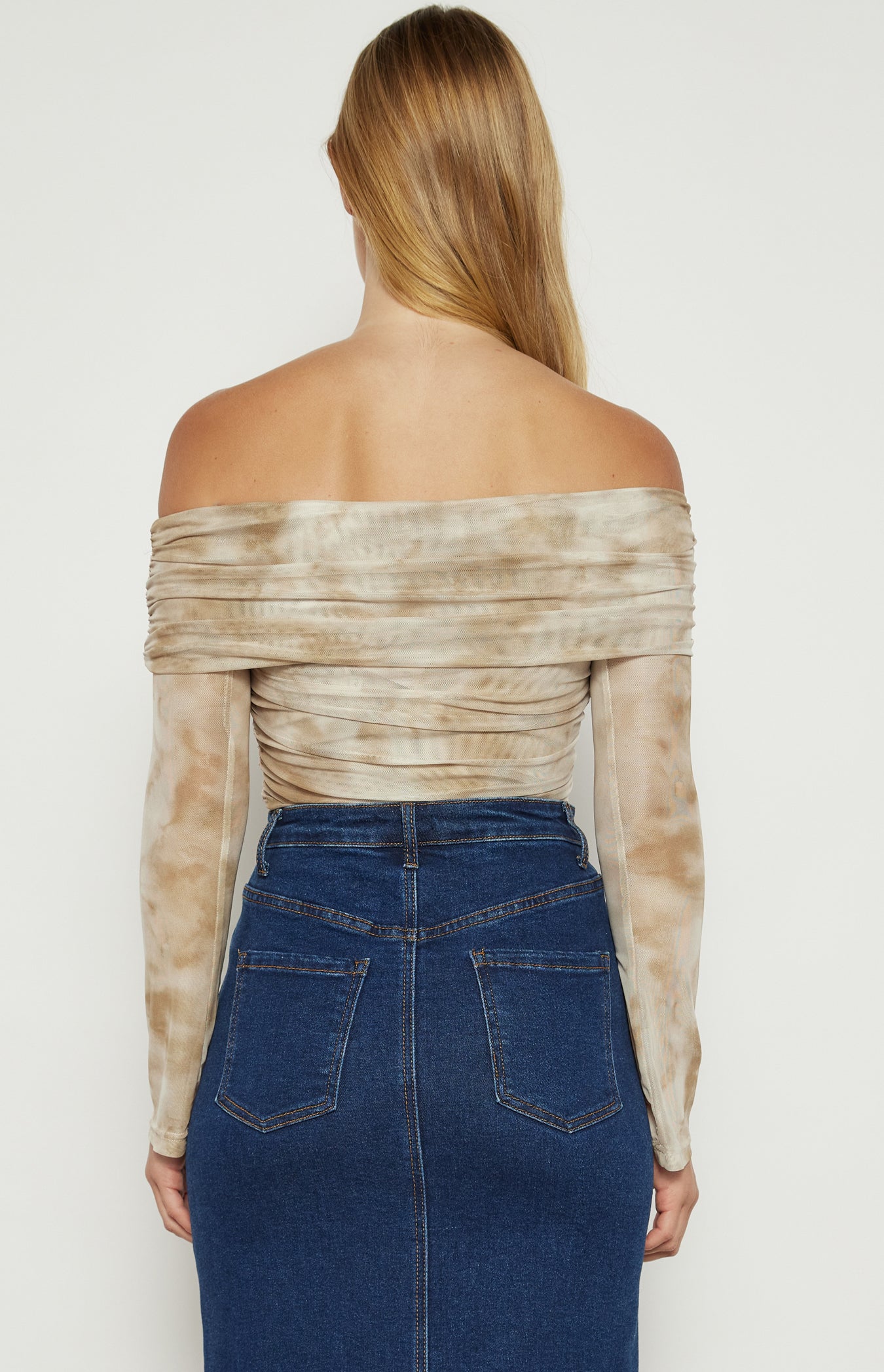 Beige off shoulder mesh top long sleeve back low