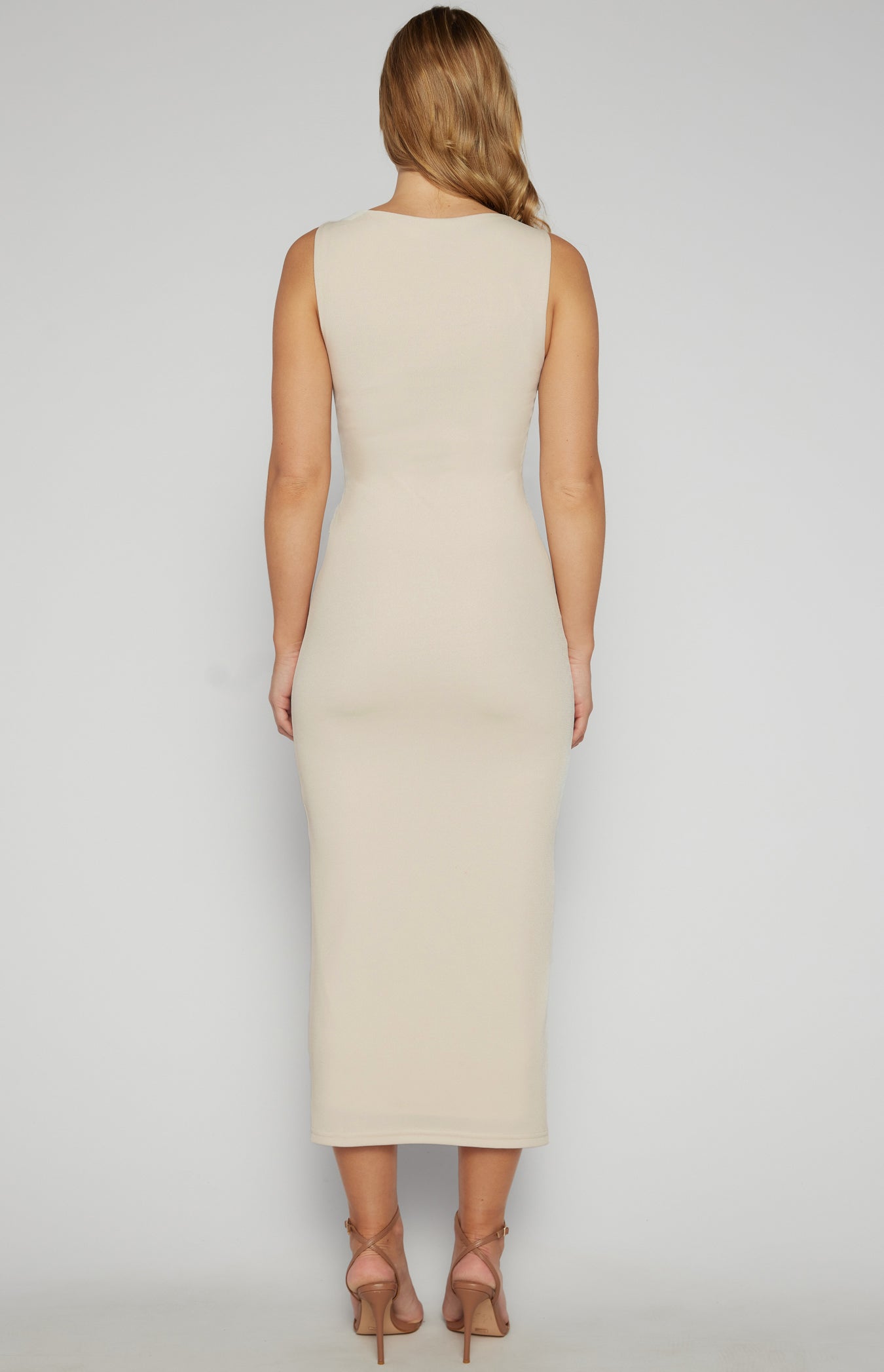 cream maxi tight fit dress back view