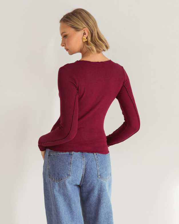 wine colour long sleeve top asymmetrical design back