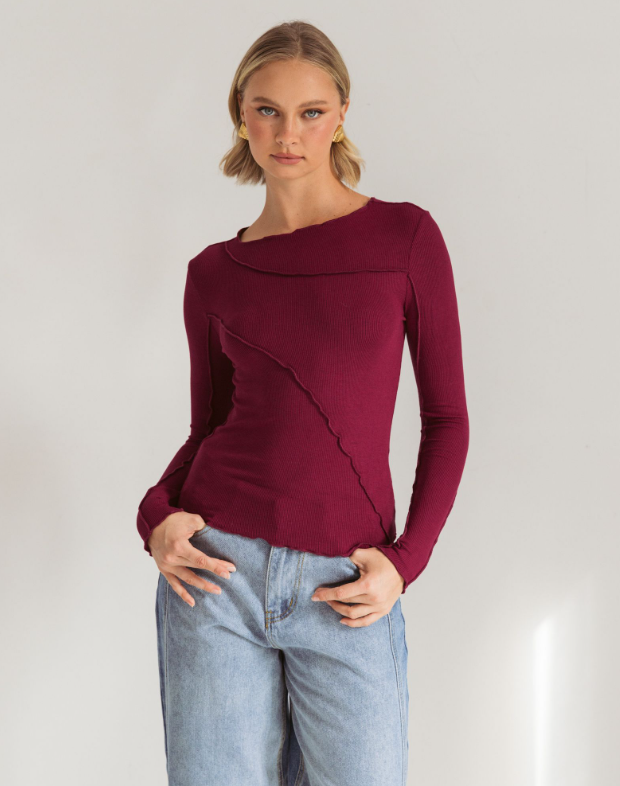 wine colour long sleeve top asymmetrical design front
