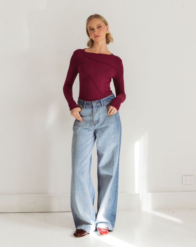 wine colour long sleeve top asymmetrical design full