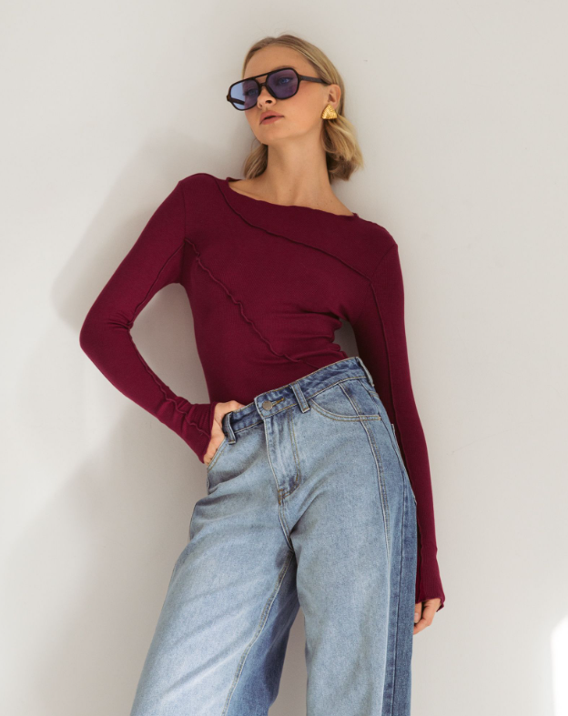 wine colour long sleeve top asymmetrical design front