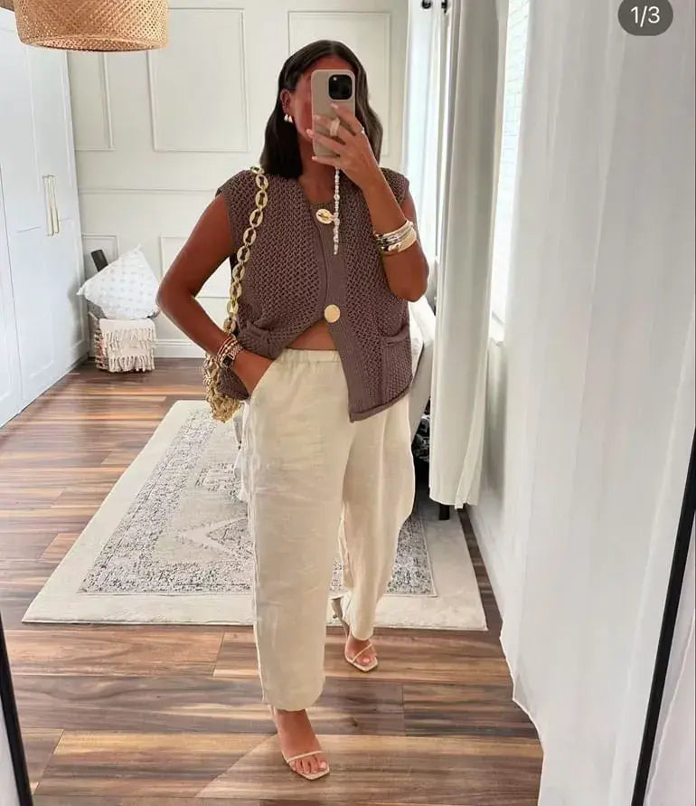 brown cardigan gold buttons