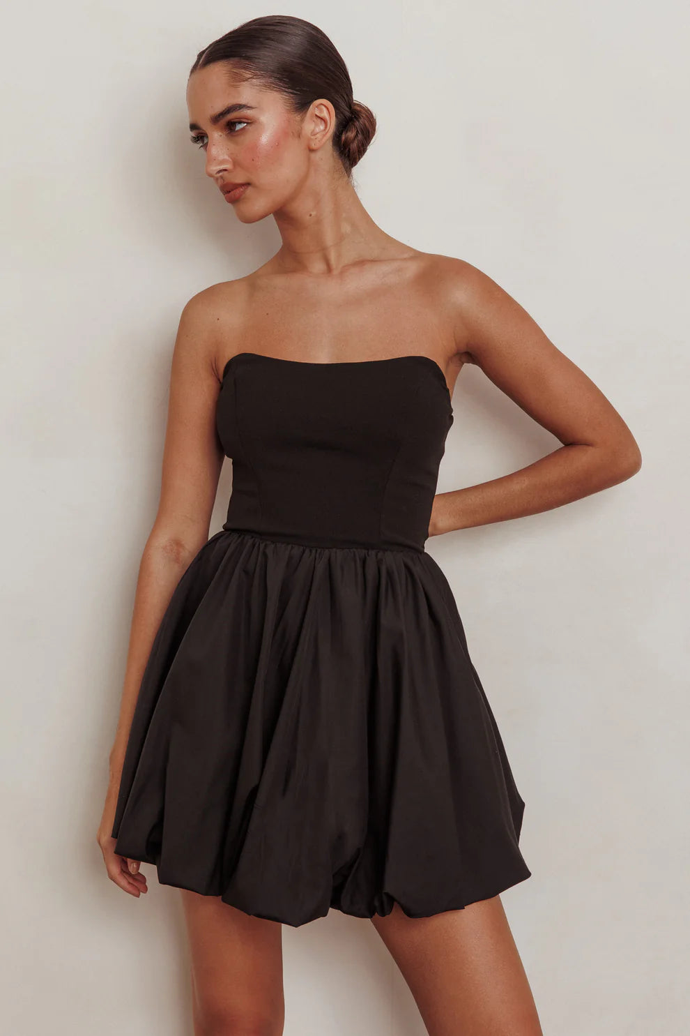 black mini bubble dress front view