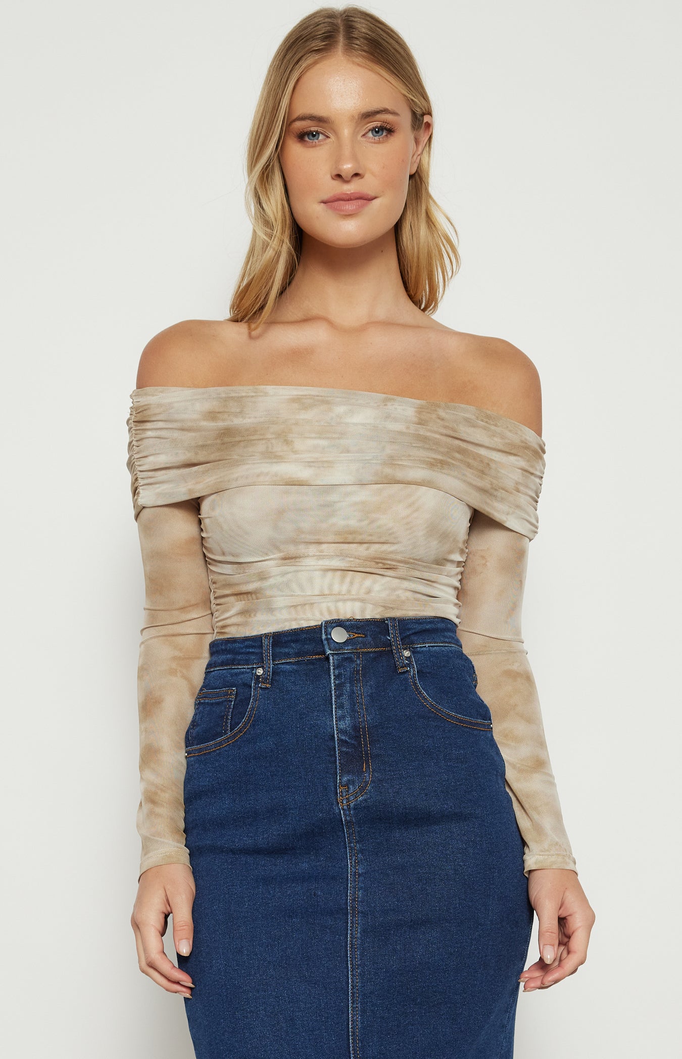 off the shoulder long sleeve beige top front view close up