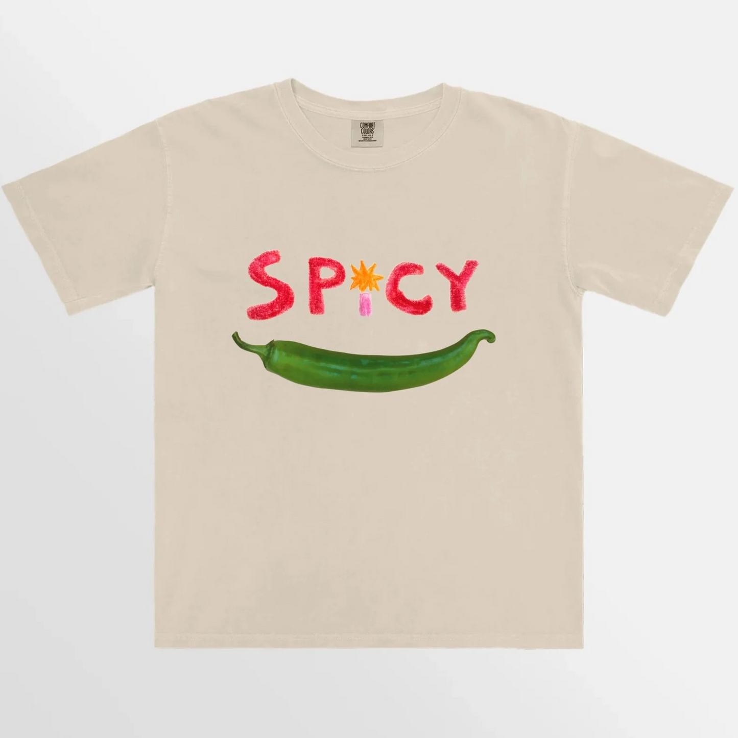 Front view of a soft cotton t-shirt in a light cream color, featuring a spicy  graphic design on the chest. The t-shirt has a crew neckline and short sleeves, perfect for casual wear or layering