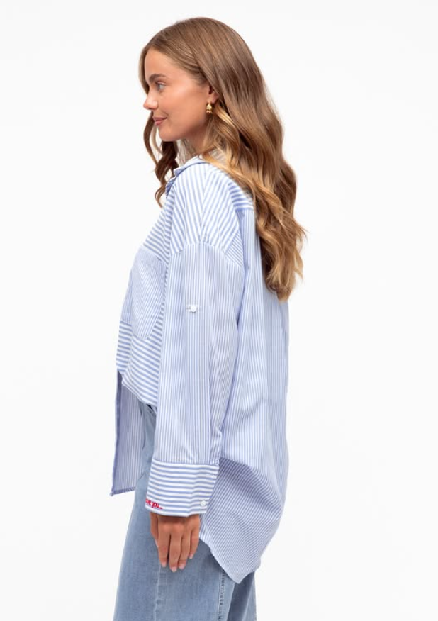 blue striped oversized shirt size view. 