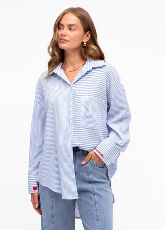 Stylish Oversized Blue Stripped Shirt for a versatile and timeless look. front view. 