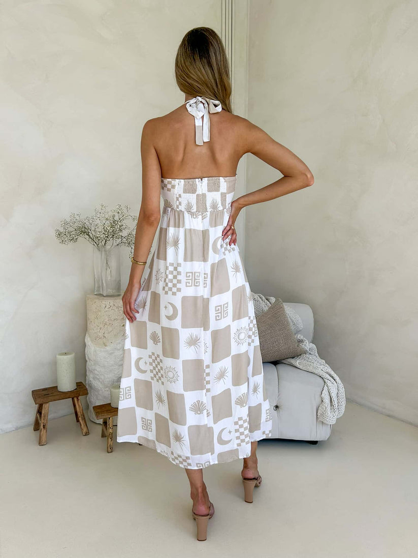 White and Beige print Maxi Dress with tie neck, low back and lightweight design. 