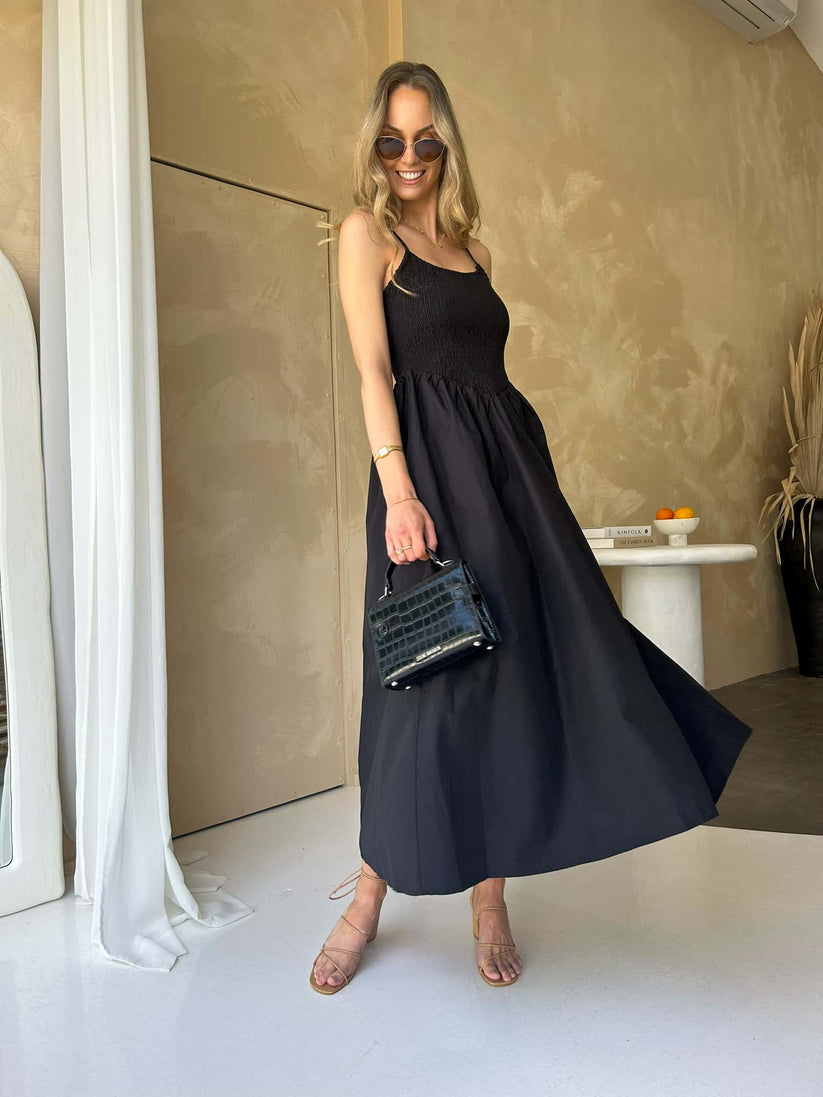 Tiara Ruched Black Maxi Dress with Bodice Top and Flowing Skirt outfit smart casual