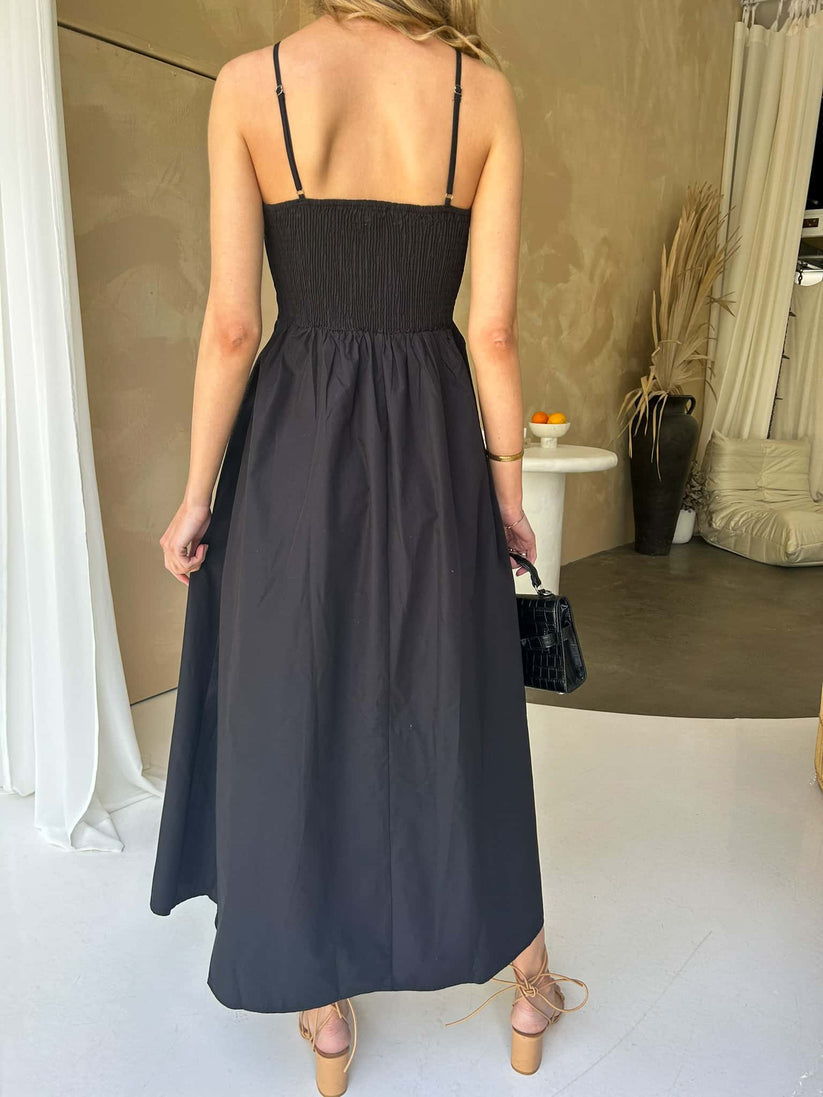 Tiara Ruched Black Maxi Dress with Bodice Top and Flowing Skirt and Thin Straps. 