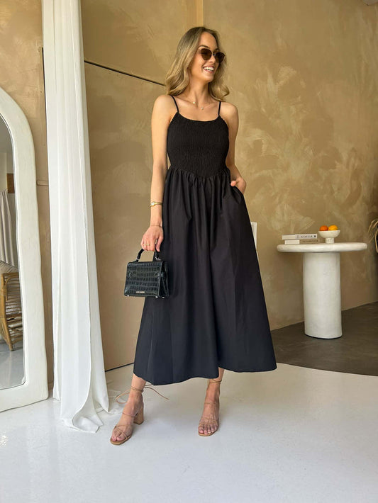 Tiara Ruched Black Maxi Dress with Bodice Top and Flowing Skirt.