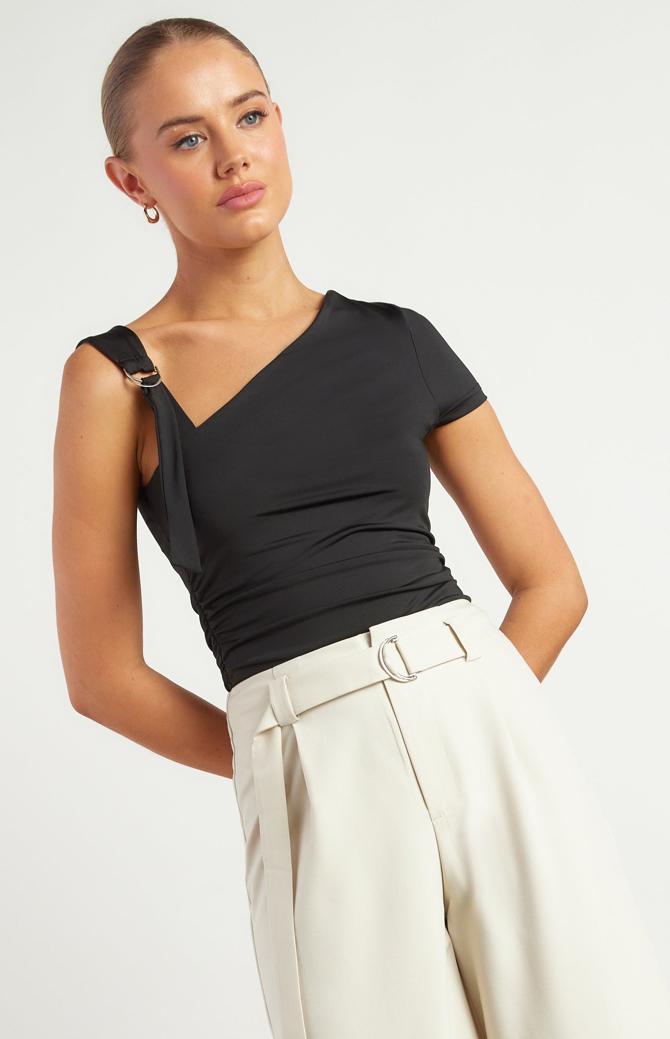 black top with buckle close up front view