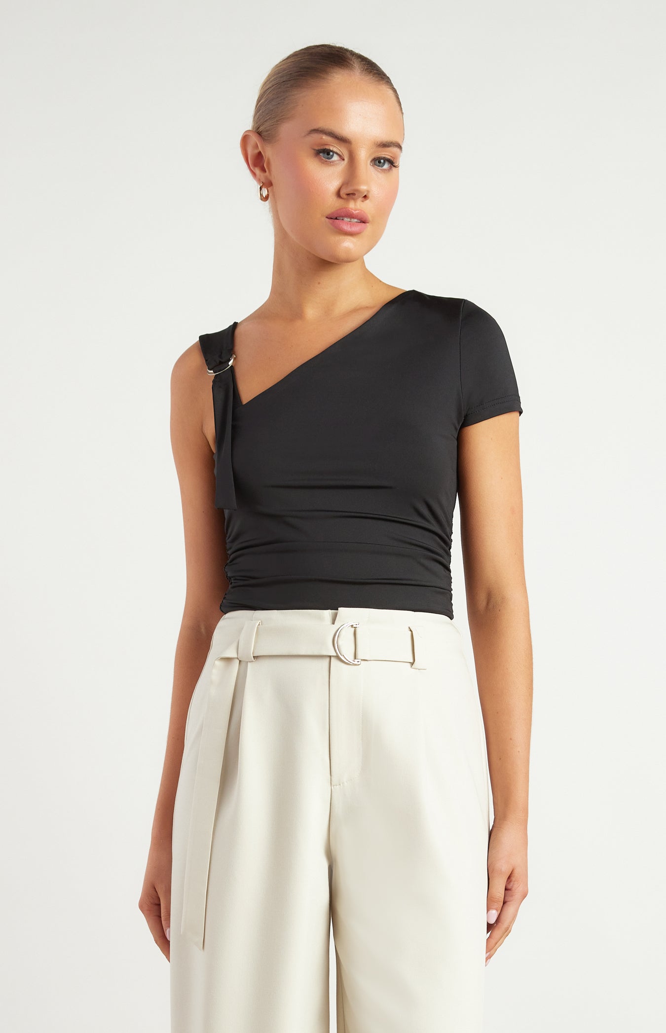 black top with buckle close up front view