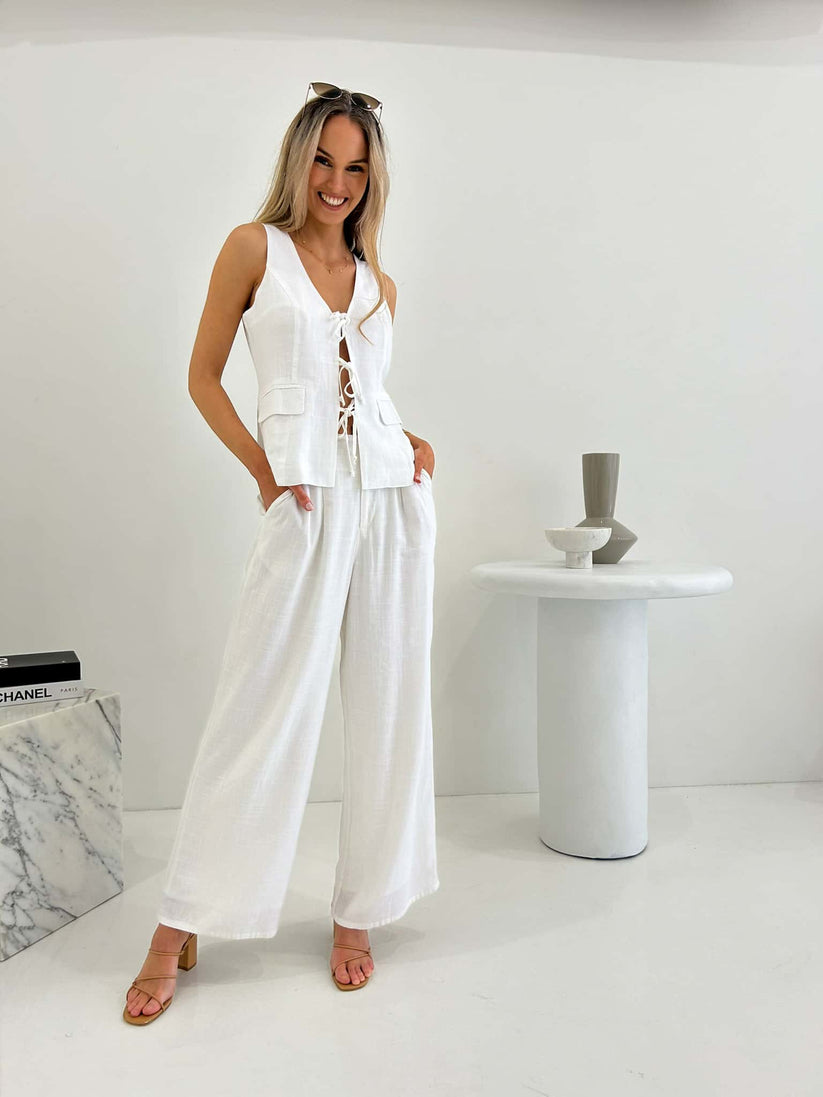 front view linen blend white tie vest
