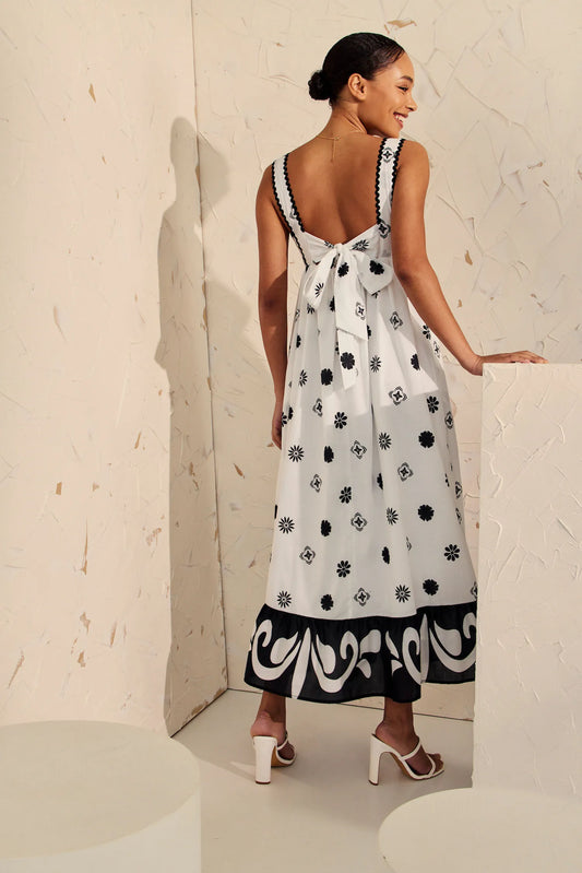 black and white maxi floral pattern dress with bow tie at back