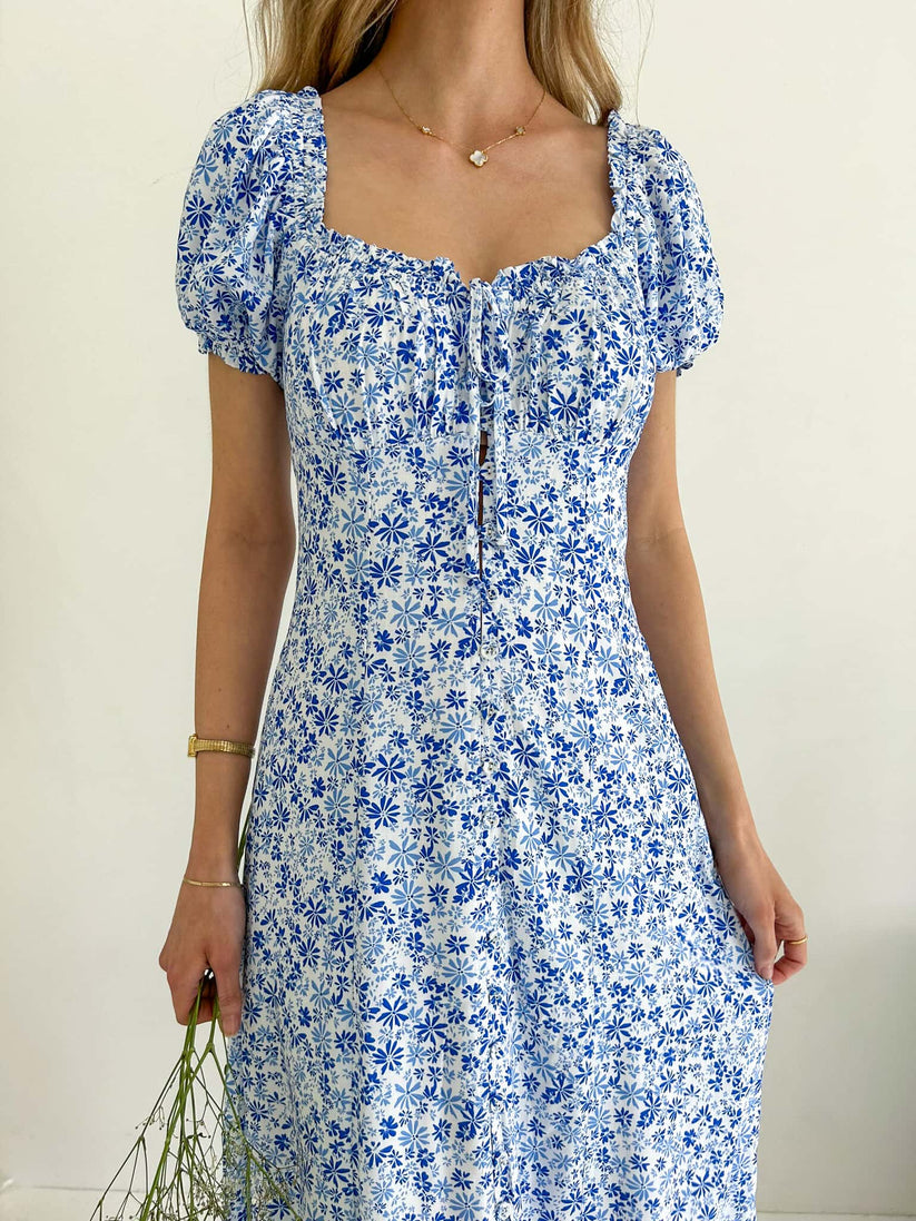 close up flower blue and white dress midi