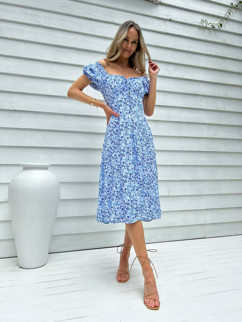 flower blue and white dress midi 