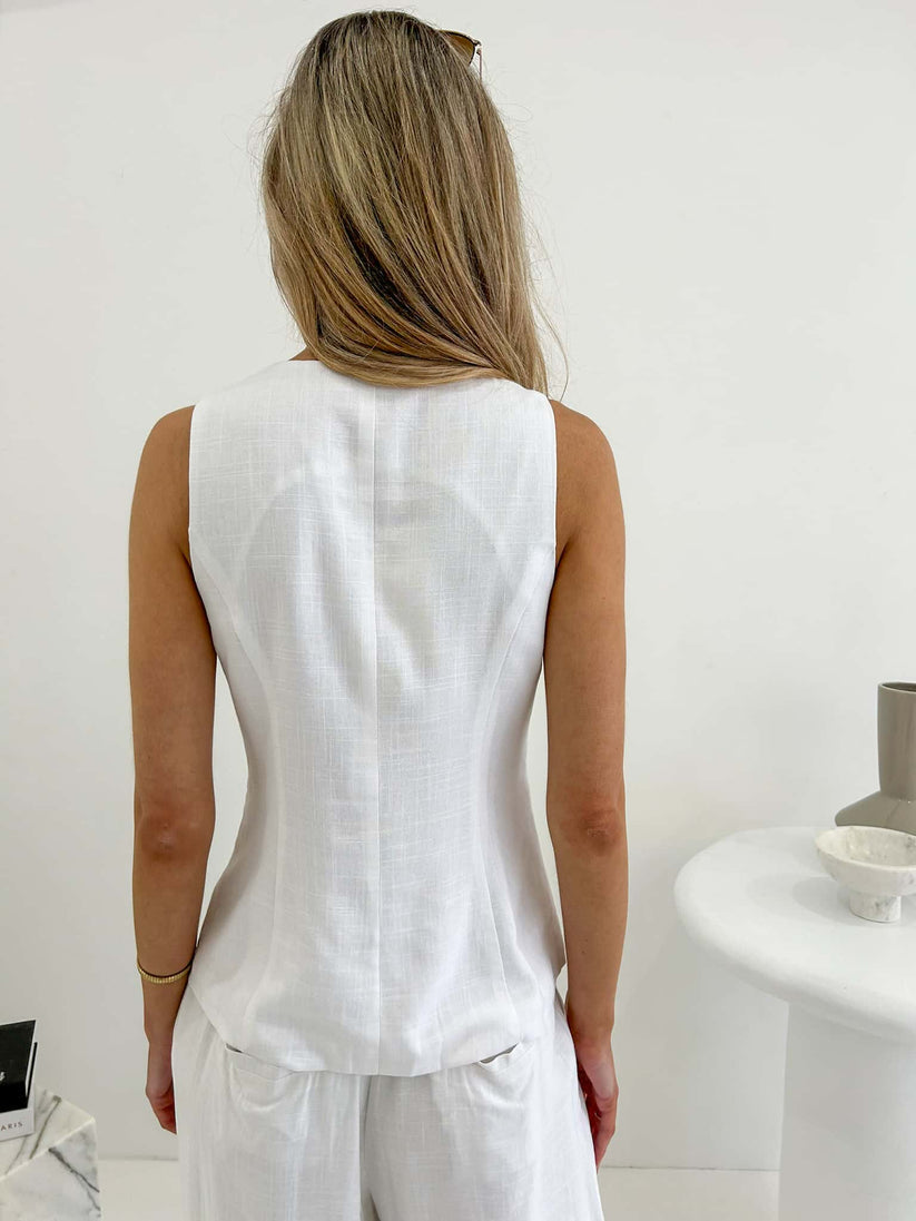 back view white tie vest linen blend